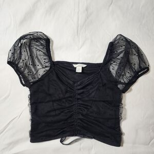 H&M Black Ruched Blouse with Sheer Puff Sleeves